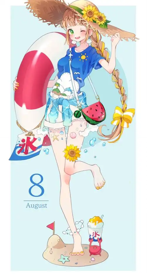 1到12月的拟人卡通画,画风可爱又很精致.8月份游泳的女生.