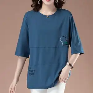 中老年女装纯棉t恤女七分袖中长款宽松大码妈妈夏装全棉中袖上衣