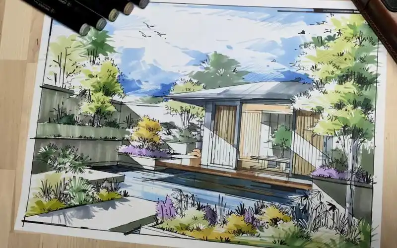 【马克笔手绘】景观庭院效果图绘制2(两点透视)