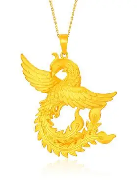金店专柜同款砂金镀黄金吊坠3d金色展翅飞翔金凤凰项链鸾飞凤舞女