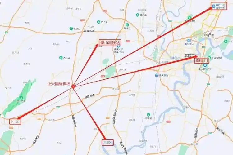 重庆新机场推荐场址璧山正兴位于重庆中心城区西部,与朝天门直线距离