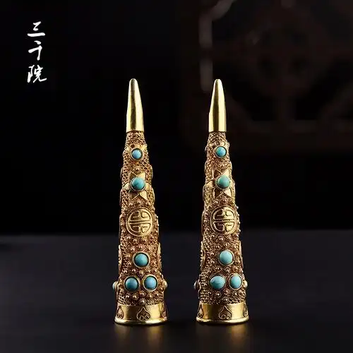 办处-清朝指甲套天然绿松石寿字纯银鎏金宫廷汉服首饰古代镶嵌护甲套