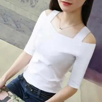 薄款女生显胸大性感低胸t恤体恤打底衫中袖露肩t恤女v领一字肩吊带