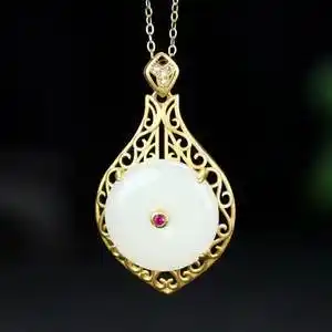 一元捡漏正品和田玉白玉镶嵌平安扣吊坠项坠挂件k金项链锁骨链 女