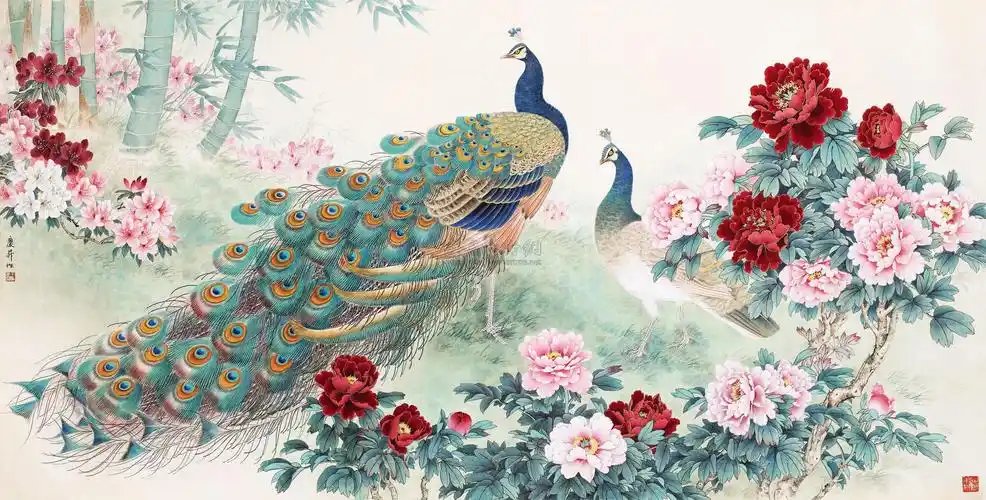 0006孔雀牡丹图镜片设色纸本