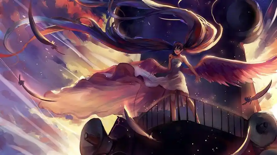 初音未来,长长的头发动漫女孩,麦克风,翅膀,天使 壁纸 - 1366x768