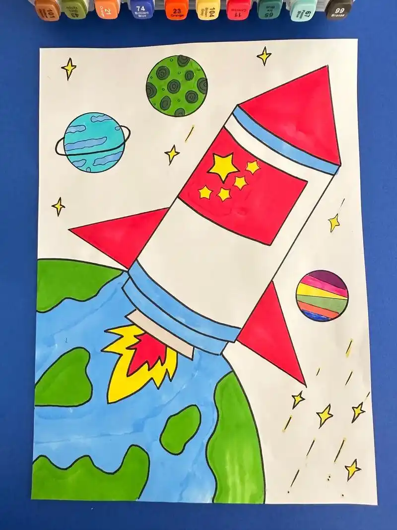 探索宇宙主题画 科技少年,强国有我! #航天儿童画#科幻绘画 - 抖音