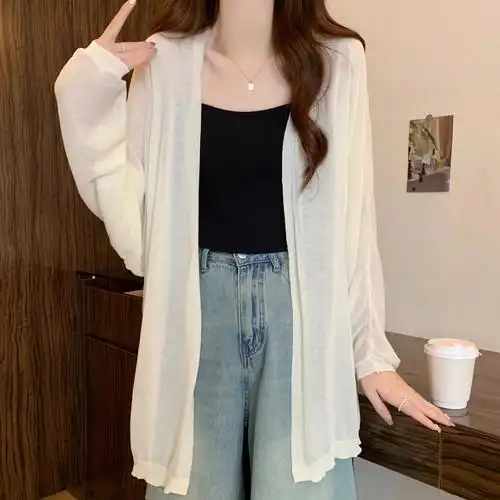 冰丝防晒开衫女外搭2024夏季长袖薄款空调衫中长款针织外套 - 17网