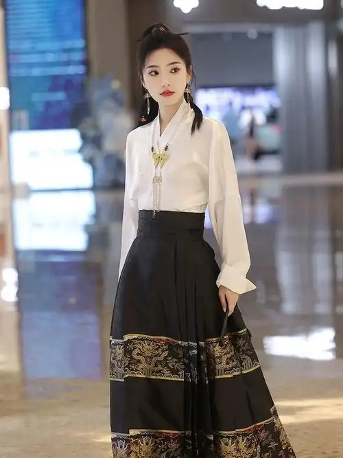 黑色马面裙女套装搭配衬衫上衣秋冬日常通勤小个子汉服演出服冬季