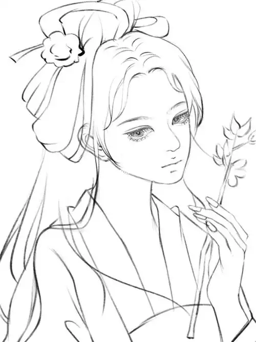 古典美女插画线稿绘制步骤图