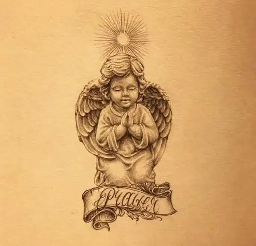 黑灰写实小天使英文纹身手稿