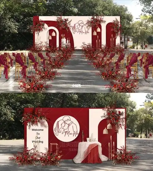 l337香槟户外红色婚礼背景墙设计效果图