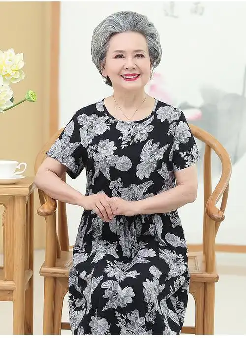 老奶奶夏季连衣裙夏装长裙子中老年人装60岁70妈妈老人棉绸短袖908蓝