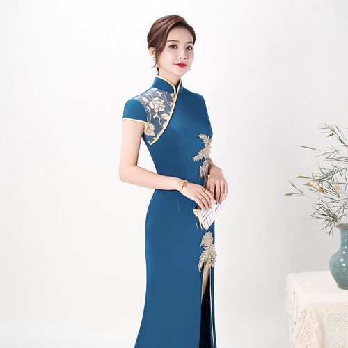 紫缘萱中式开叉改良旗袍年会晚礼服孔雀蓝长款模特礼服