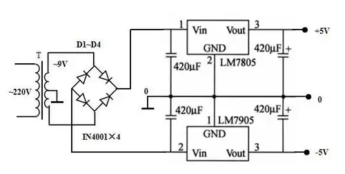 四个二极管和两个电容和变压器怎么把220v交流转成 /-5v直流的电路图
