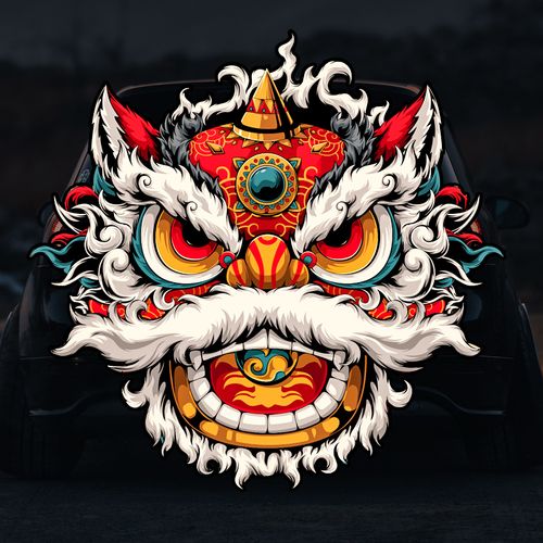 国潮醒狮车贴中国风狮子车身贴招财招福玻璃划痕贴纸电动车装饰贴