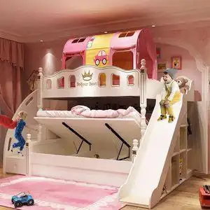 公主房两层高低床滑梯上下床双层床儿童床高箱储物小户型多功能