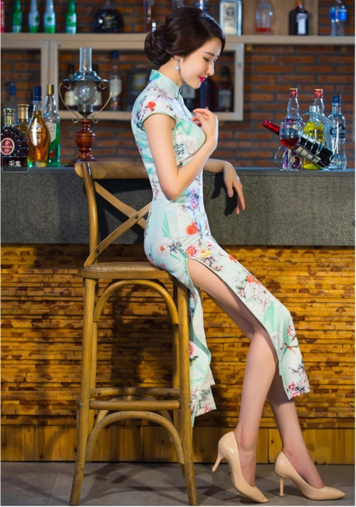 2015夏装新款高开叉长旗袍连衣裙 复古真丝双层礼服 日常演出民国