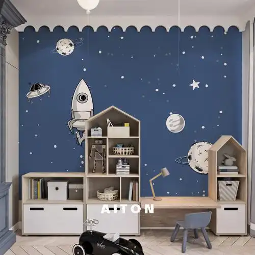 墙布蓝色卡通太空墙纸儿童男孩房间壁纸壁布定制壁画
