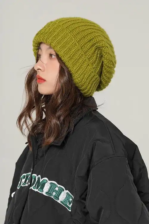 拯救大头围粗针织显白橄榄绿巨大毛线帽子女秋冬保暖堆堆帽显脸小