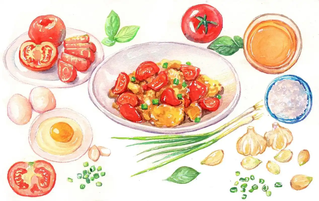 水彩手绘美食|美食联想|番茄篇97 番茄炒鸡蛋,最爱的家常菜之一