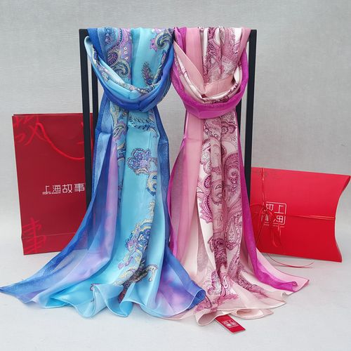 包邮上海故事桑蚕蚕丝缎条真丝丝巾秋冬长款杭州围巾