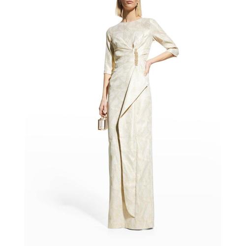 teri jon女款金色礼服|ruched geometric-print dress w/ drape