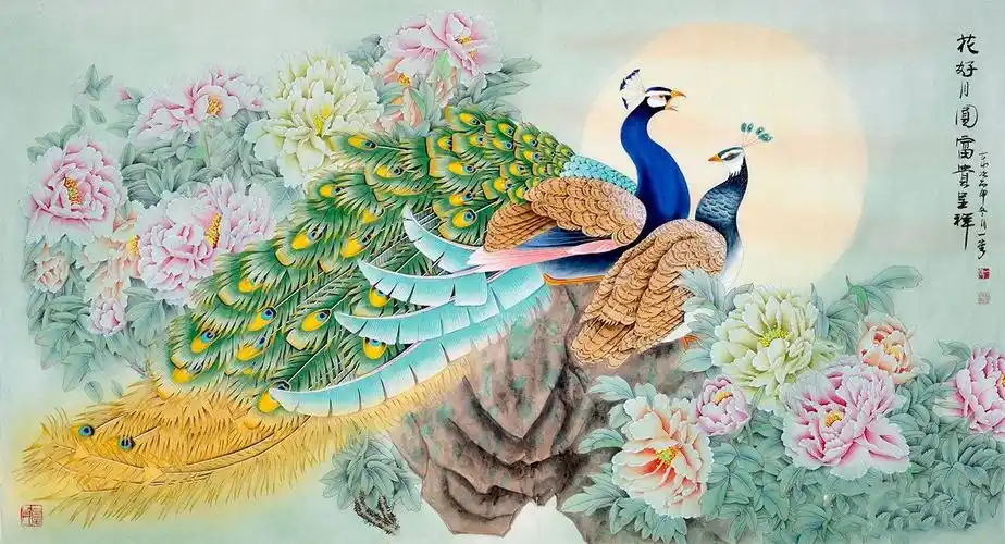 国画名家王一容孔雀牡丹图《花好月圆 富贵呈祥》