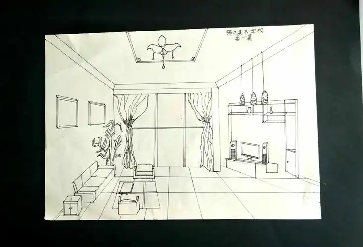 的线稿,大的比例关系还是很好的,用线也很棒,注意影视墙的透视关系