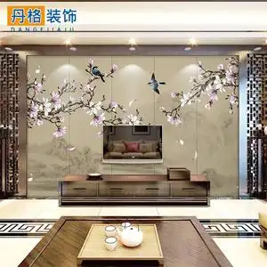 定制现代新中式花鸟刺绣硬包背景墙客厅电视酒店床头壁画软包墙布