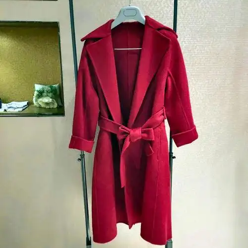 专柜正品哥弟新款2021秋冬女装酒红色双面呢羊绒大衣外套1400094