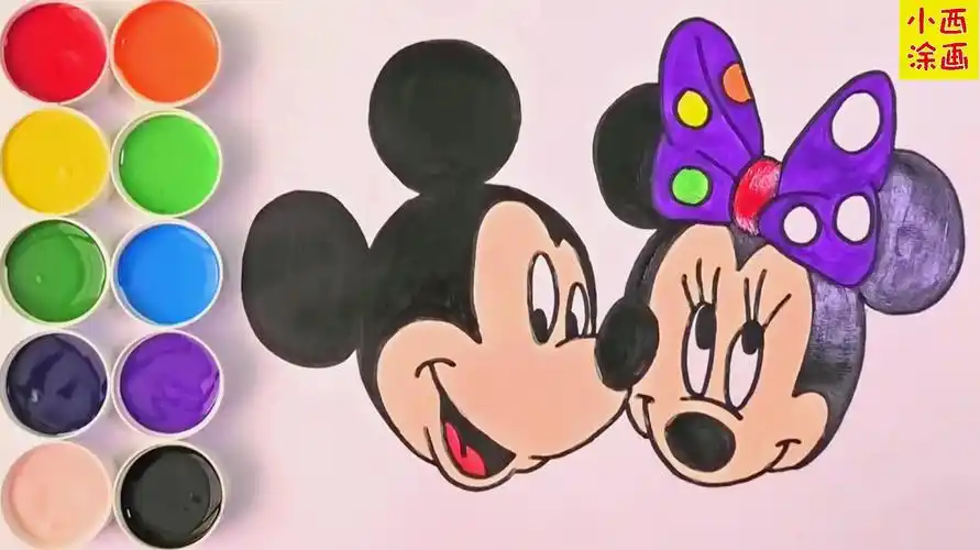 亲子趣味创意简笔画,迪士尼乐园米老鼠米奇和米妮涂色,色彩认知