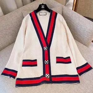 gucci古驰百搭花呢外套女士小香风编织开衫红蓝条超大毛呢夹克