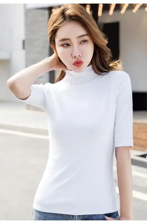 半高领短袖女中袖夏季小高领打底衫上衣春夏薄款半中领螺纹5分简单t恤