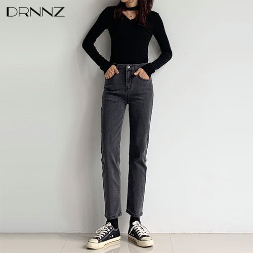drnnz女装旗舰店的优惠券大全—烟灰色宽松直筒高腰显瘦牛仔裤女2020