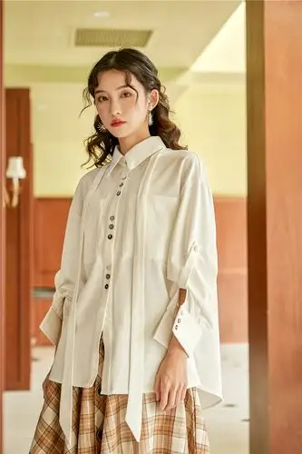 原创设计秋飘带白衬衫女后背镂空长袖廓形衬衣外套