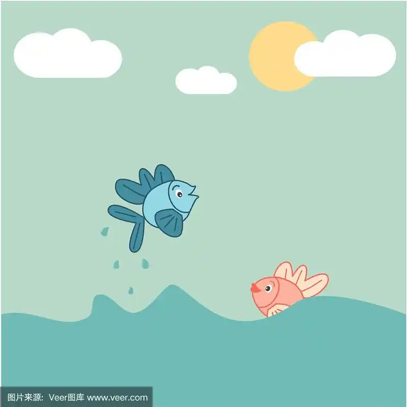 可爱的卡通鱼跳出水矢量插图