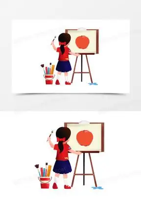 手绘卡通女孩画画背影免抠元素