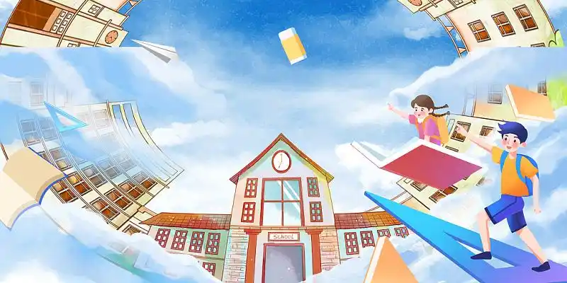 蓝色手绘风卡通儿童学校幼儿园小学开学季展板背景
