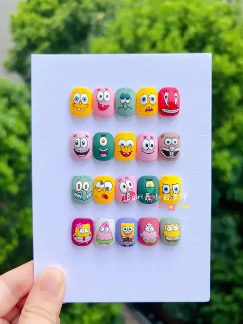 美甲彩绘卡通控笔海绵宝宝美甲模版来了