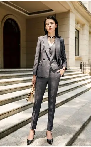 秋季套装女2019新款时尚气质职业装修身格子西装长袖英伦风工作服