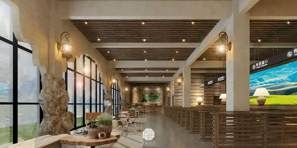 br>服务大厅墙面为巨幅草原电子显示屏,引导视线的同时,给游客最直观