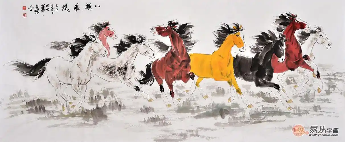 动物画八骏图 著名画家王文强国画作品《八骏雄风》