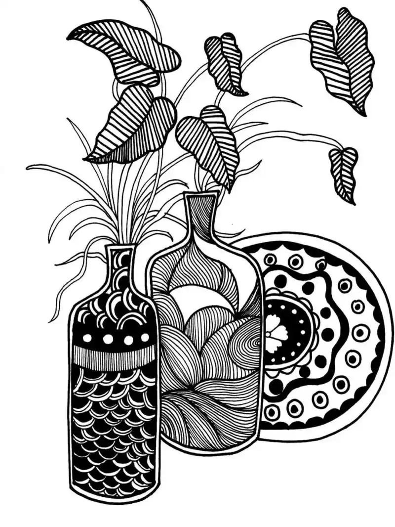 花卉黑白线描绘画 适合6-9岁 主要练习造型,线条及其装饰图案 材料:8k