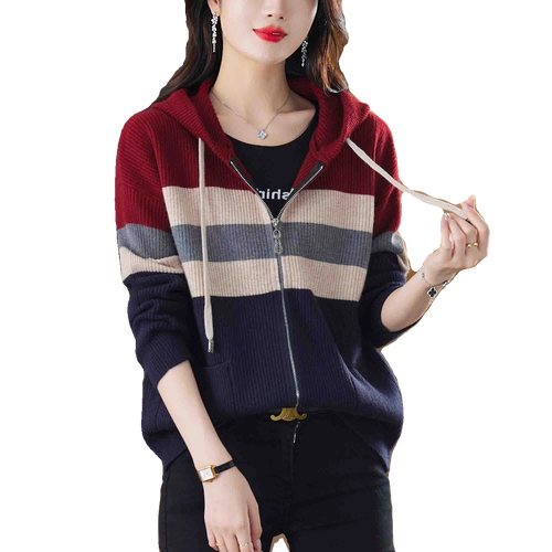 开衫毛衣外套女秋冬季上衣时尚连帽拉链针织开衫厚款撞色外搭帽衫