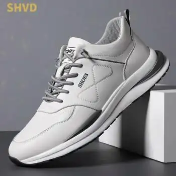 shvd休闲鞋男士皮鞋男户外跑步运动板鞋小白鞋内增高百搭男鞋子米白色