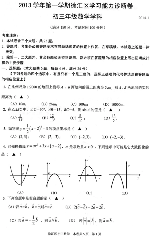 这是2014年1月刚刚考完的徐汇区数学一模考试试卷,望能有所帮助.