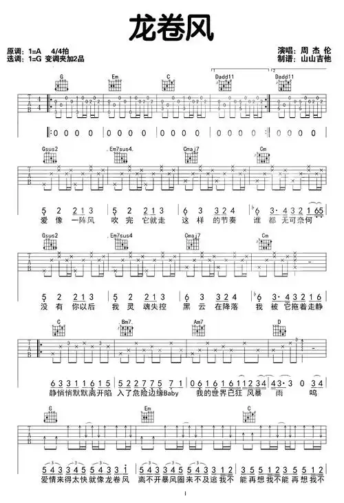 周杰伦《龙卷风》吉他谱_《龙卷风》g调原版弹唱演示1