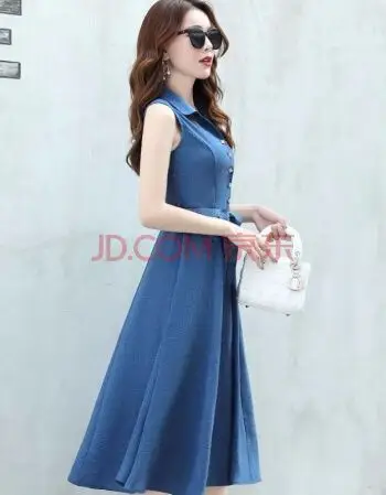 女装新款连衣裙亚麻裙子夏季无袖中长款显瘦流行夏装裙子 蓝色 m 建议