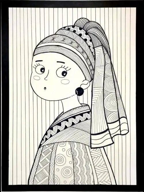 线描版戴珍珠耳环的少女